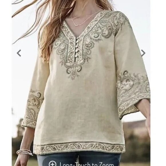 J. Jill Tops - J. Jill Love Linen Ornate Paisley Bohemian Lagenlook Top in Barley Elegant XL